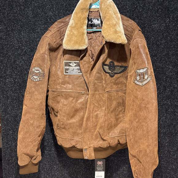 FLAVOR Men's Leather Flight Bomber Jacket Aviator Brown Extra Large Zip Front - Picture 1 of 5